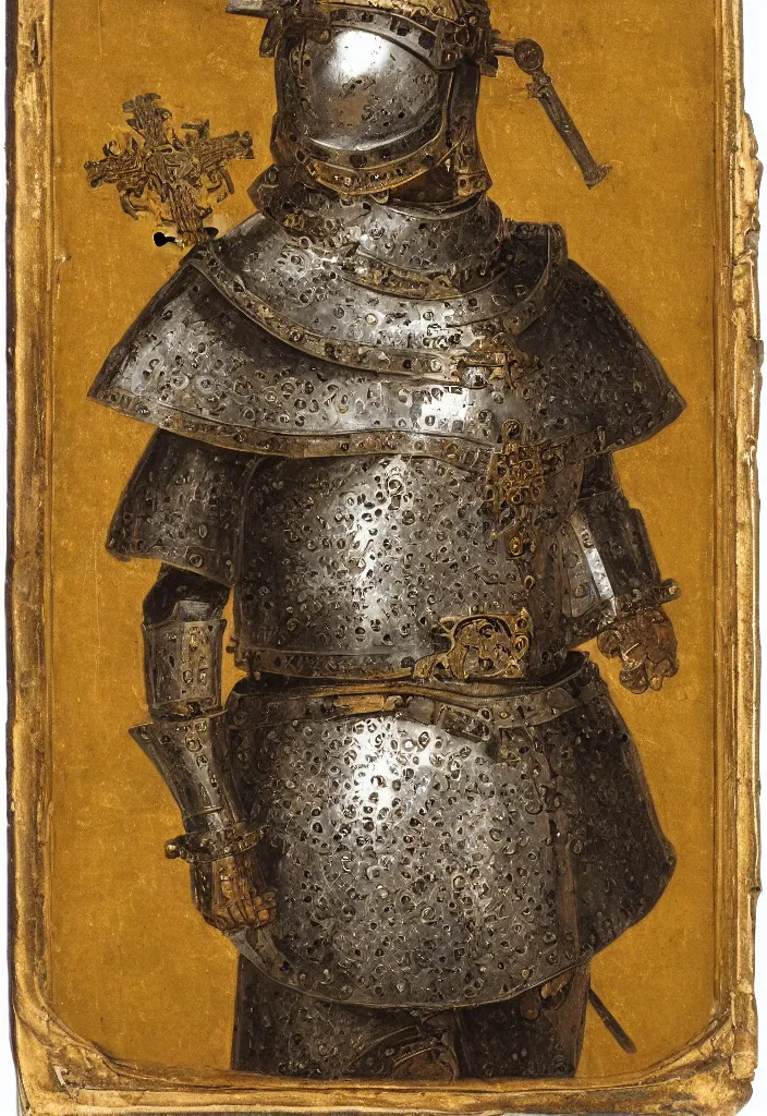 Prompt: portait of a man in decorated crusader baroque style armor and crusader helmet and big golden cross on his chest plate