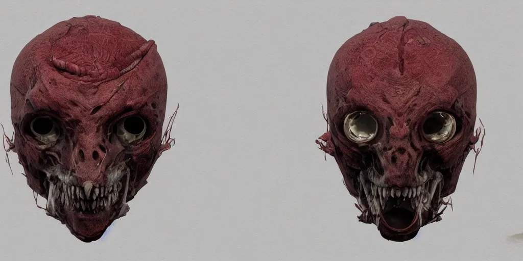 Prompt: flesh and bones mask design, character sheet, Moebius, Greg Rutkowski, Zabrocki, Karlkka, Jayison Devadas, Phuoc Quan, trending on Artstation, 8K, ultra wide angle, zenith view, pincushion lens effect.