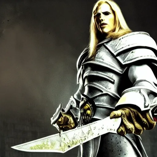 Prompt: arthas menethil as the american psycho, cinematic still, warcraft 3 graphics