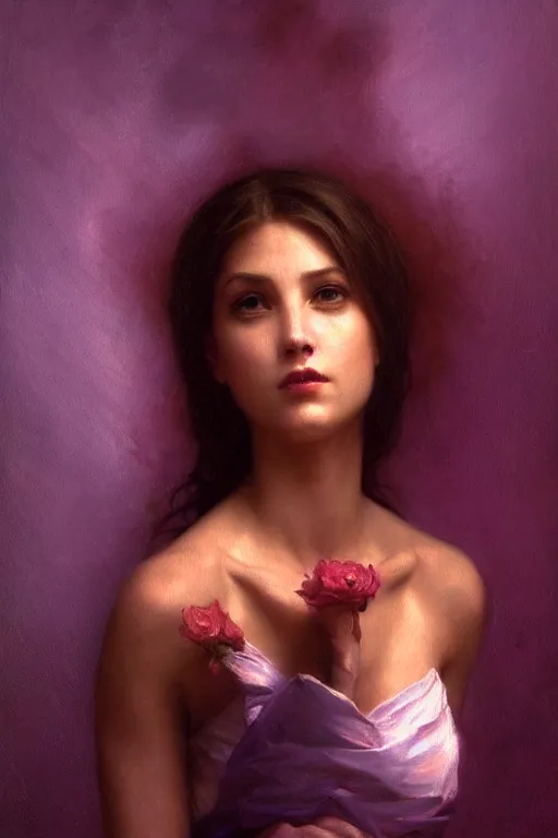 Prompt: Portrait of Amy Rose by bouguereau, abstract purple lighting, intricate, elegant, somber, highly detailed, oil painting, smooth, sharp focus, illustration, art by artgerm and greg rutkowski and zdislav beksinski