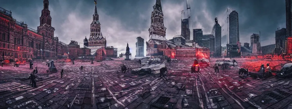 Prompt: alien predator attacks moscow red square. extreme long shot. cyberpunk