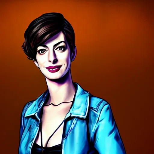 Image similar to anne hathaway portrait, borderlands, tales from the borderlands, the wolf among us, comic, cinematic lighting, studio quality, 8 k