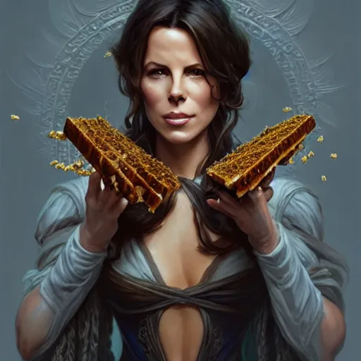 Image similar to Kate Beckinsale covered in honey eating fork, D&D, fantasy, intricate, elegant, highly detailed, digital painting, artstation, concept art, matte, sharp focus, illustration, hearthstone, art by Artgerm and Greg Rutkowski and Alphonse Mucha