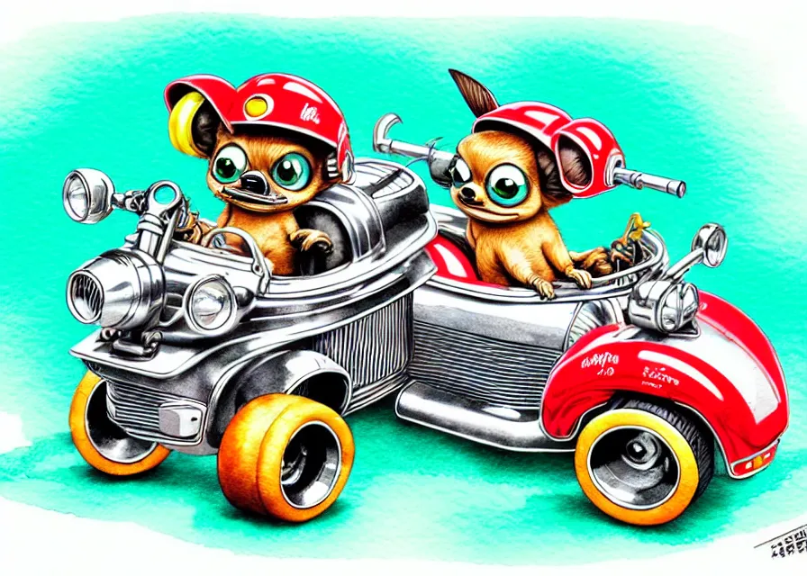 Image similar to cute and funny, gizmo wearing a helmet riding in a hot rod with oversized engine, ratfink style by ed roth, centered award winning watercolor pen illustration, isometric illustration by chihiro iwasaki, edited by range murata, tiny details by artgerm and watercolor girl, symmetrically isometrically centered