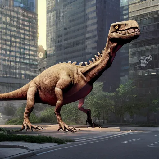 Prompt: A dinosaur emerging out of an giant street art work on a busy street, unreal engine, octane render