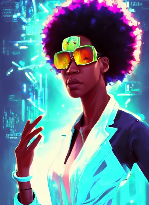 Image similar to afro - cyberpunk scientist, computers and holograms, hacking the metaverse | hyperrealistic oil painting | by makoto shinkai, ilya kuvshinov, lois van baarle, rossdraws, basquiat | afrofuturism, in the style of hearthstone, trending on artstation | dark color scheme