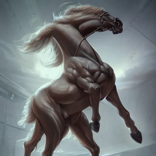 Prompt: an anthropomorphized horse with a enormously muscular body in a research facility wearing a skintight body armor, long white mane, equine, anthro art, furaffinity, highly detailed, digital painting, artstation, concept art, illustration, art by artgerm, greg rutkowski, ruan jia