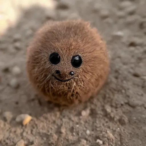 Image similar to photo of a small round creature made of dirt with round blue eyes and a round clown nose and a cute smile