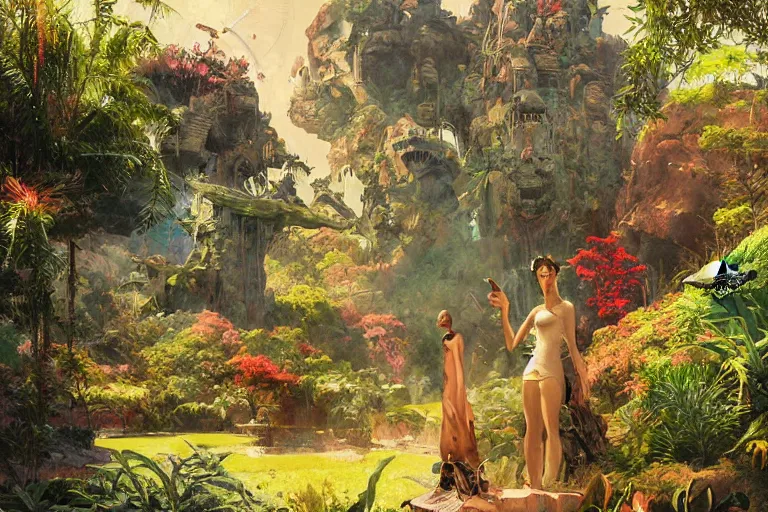 Image similar to pulp scifi illustration, elegant woman meets lizard alien in beautiful garden, flowers, baobab trees, distant town in valley and hills, spacehip lands, by norman rockwell, jack kirby, john berkey, bergey, craig mullins, ruan jia, raymond swanland, jeremy mann, beksinski, tom lovell, alex malveda, schomburg