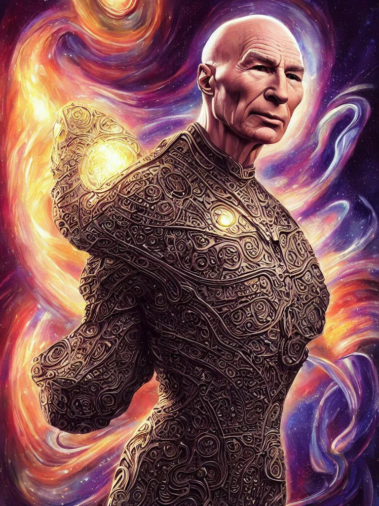 Prompt: fullbody portrait. very complex hyper-maximalist overdetailed cinematic cosmic scifi portrait of an elegant very attractive Captain Picard of the universe by andrei riabovitchev, tomasz alen kopera, oleksandra shchaslyva and peter morbacher. Extremely ornated and decorative. Fancy luxury beautiful. Omnious intricate. Secessionist portrait illustration. Goddess of the sky. Focus on face. Artstation. Deviantart. 8k 4k 64megapixel. Rendered by binx.ly.