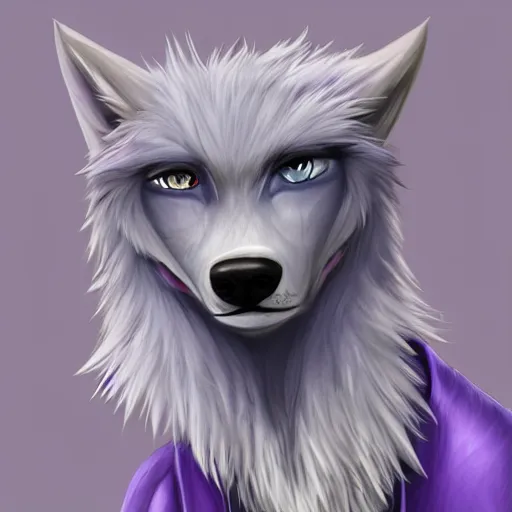 Prompt: An anthropomorphic lavender-colored wolf character with spiky white hair, furry fandom, digital painting, detailed, cute