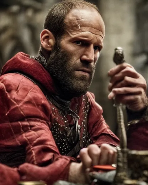 Prompt: jason statham cast as dijkstra in the witcher netflix series wearing soft red fabric aristocratic clothing, large outfit, royal attire, sitting at dining table