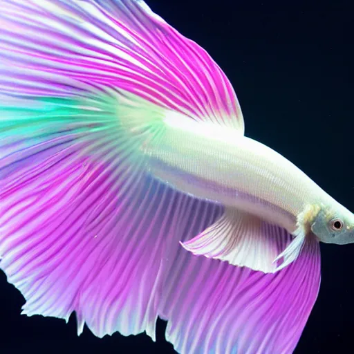 a graceful iridescent white betta fish with long