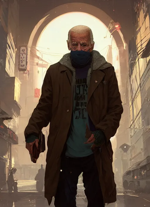 Prompt: Highly detailed portrait of homeless and beaten up Joe Biden, in GTA V, Stephen Bliss, unreal engine, fantasy art by Greg Rutkowski, Loish, Rhads, ferdinand knab, Makoto Shinkai and Lois van baarle, ilya kuvshinov, rossdraws, Tom Bagshaw, alphonse mucha, global illumination, radiant light, detailed and intricate environment