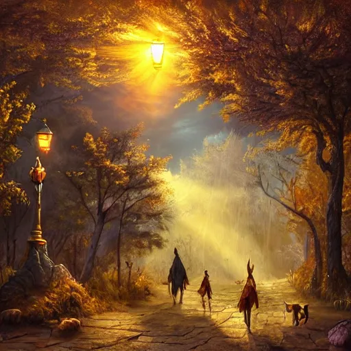 Image similar to a fantasy landscape with strange creatures walking the forest and fun buildings and streets, intricate street lamps and morning sunshine, realistic, painting, great lighting, golden hour, golden rule