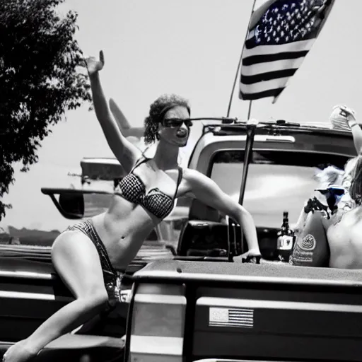 Prompt: photo of woman in the back of a pickup truck wearing bikinis drinking beer waving the american flag. sigmund freud is also in the back.