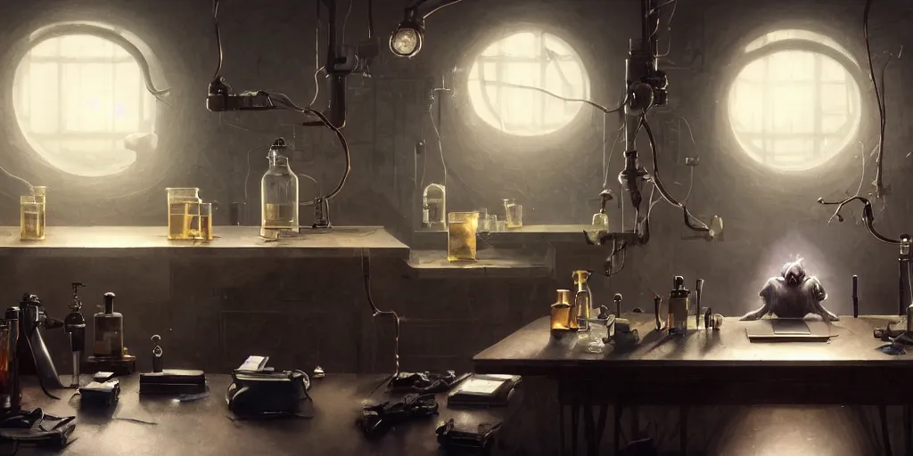 Image similar to humanoid rat in a laboratory sitting at a desk with lots of flasks filled with magic liquids and poisonous fog, stephen bliss, unreal engine, fantasy art by greg rutkowski, loish, rhads, ferdinand knab, ilya kuvshinov, rossdraws, tom bagshaw, global illumination, radiant soft light, detailed and intricate environment