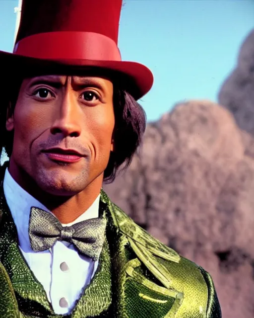 Image similar to Film still close-up shot of Dwayne Johnson as Willy Wonka from the movie Willy Wonka & The Chocolate Factory. Photographic, photography