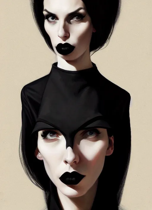 Image similar to portrait of a lanky woman with a crooked nose and a confident expression, 1 9 6 0 s, black clothes, goth, punk, funk, intricate, elegant, highly detailed, digital painting, artstation, concept art, smooth, sharp focus, illustration, art by wlop, mars ravelo and greg rutkowski