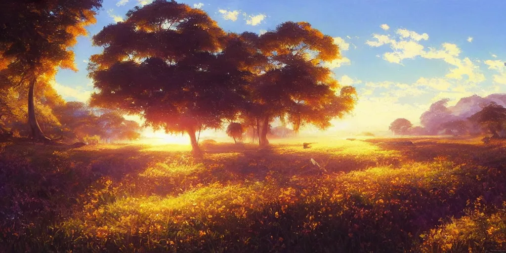 Prompt: an extraordinarily beautiful oil painting of a landscape in spring during sunrise ; lush vegetation ; the most beautiful painting in the world ; by makoto shinkai and craig mullins and salvador dali