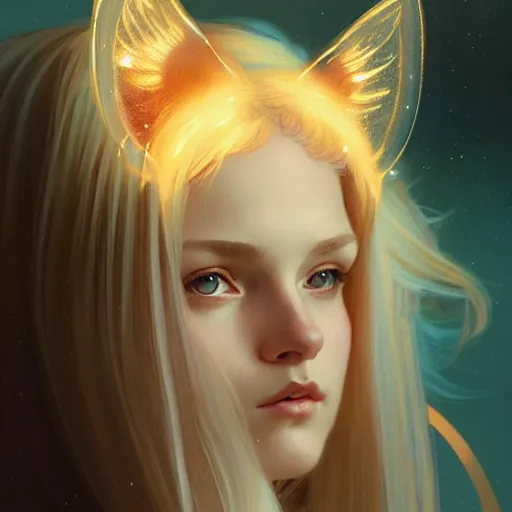 Image similar to Portrait of a girl angel with blonde hair, cat ears, glowing halo, wings, fantasy, intricate, elegant, highly detailed, digital painting, artstation, concept art, smooth, sharp focus, illustration, art by Krenz Cushart and Artem Demura and alphonse mucha