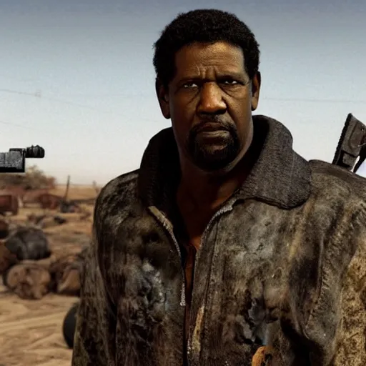 Prompt: Denzel Washington from the movie 'The Book of Eli' in the Fallout New Vegas universe, looks straight with a serious look, glasses, warm atmosphere