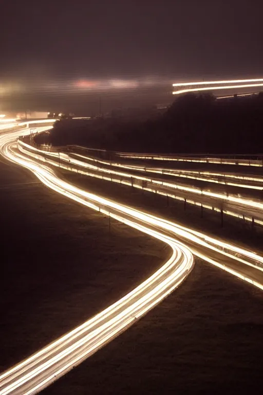 Prompt: long highway, lit by street lights, night, fog, award winning photography
