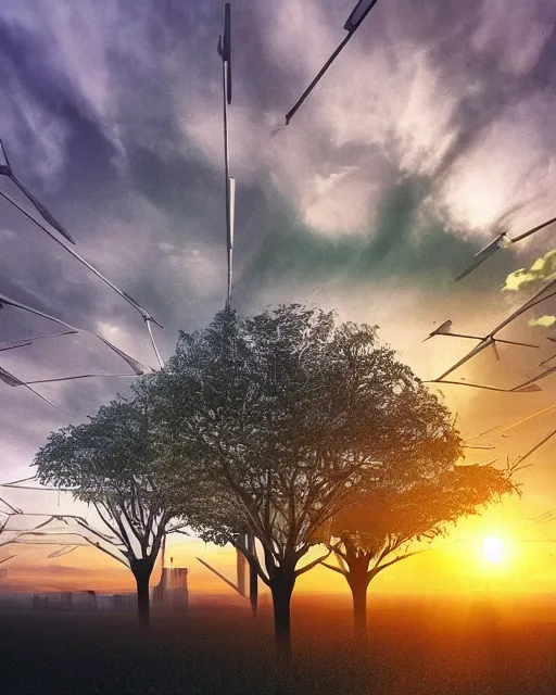 prompthunt: Sunrise over solarpunk city, many trees and plants