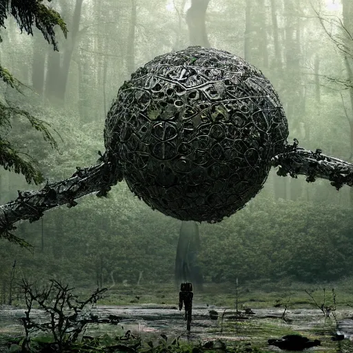 Image similar to a complex organic fractal 3 d metallic symbiotic ceramic humanoid megastructure creature in a swampy lush forest, foggy, cinematic shot, photo still from movie by denis villeneuve, wayne barlowe