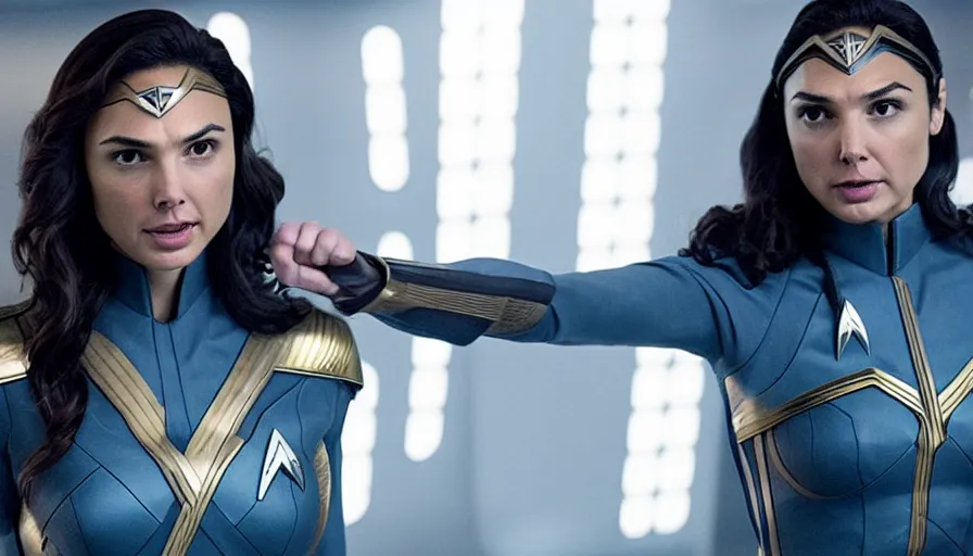 Image similar to Gal Gadot, in full starfleet uniform, is the captain of the starship Enterprise in the new Star Trek movie