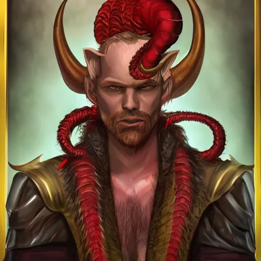 Image similar to d & d portrait of a tiefling, male, red scales, a big black beard, completely golden eyes, 2 long curved horns growing out of his forehead,