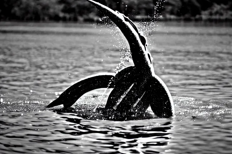 Image similar to a real life gyarados swimming in a lake, sight proof, black and white, blurry, old camera, grainy, motion blur, unfocused, full body shot, wide angle