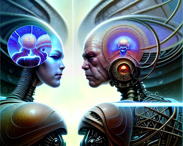 Prompt: the battle of humans against androids, fantasy character portrait made of fractals facing each other, ultra realistic, wide angle, intricate details, the fifth element artifacts, highly detailed by peter mohrbacher, hajime sorayama, wayne barlowe, boris vallejo, aaron horkey, gaston bussiere, craig mullins