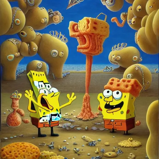 Prompt: SpongeBob SquarePants made of cheese by jacek yerka, alex gray, zdzisław beksiński, dariusz zawadzki, jeffrey smith and h.r. giger, oil on canvas, 8k highly professionally detailed, trending on artstation