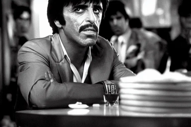 Image similar to face portrait of tony montana from movie scarface 1 9 8 3 sitting behind a big black oak table with big large packages of flour. al pacino. perfect symmetric face, coherent eyes, ron cobb, fine details, cinestill, 4 k. last scene from scarface movie, bokeh