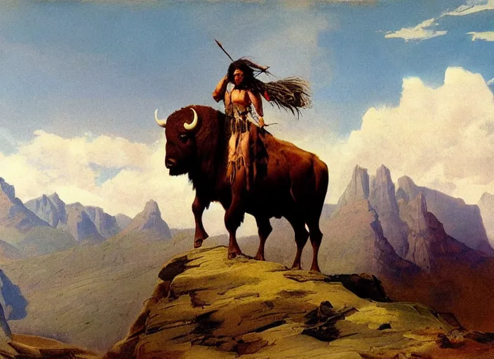 Image similar to native american riding bison, buffalo, native american warrior, mountain range, beautiful sky, standing on the edge of a cliff, 1 9 th century, painted by frazetta