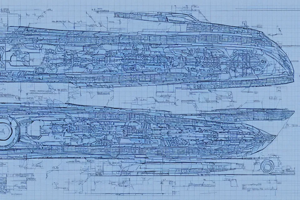 Image similar to an intricately detailed blueprint of a large spaceship