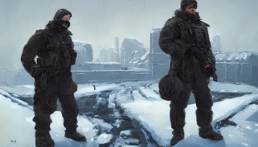 Prompt: a beautiful painting in the style of sergey kolesov of a snowy landscape overlooked by a handsome man in tactical gear fit for a spy, overseeing a large brutalist facility in the distance, award winning art