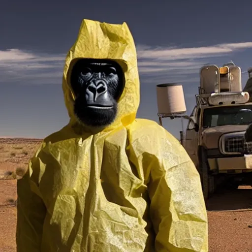 Prompt: A photo of a gorilla in a hazmat suit with Walter White, New Mexico desert, cinematic lighting