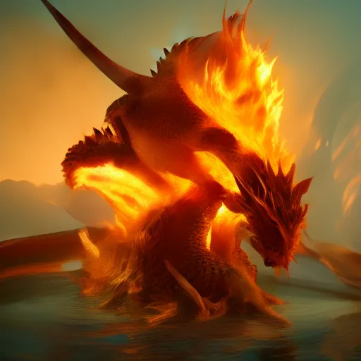 Prompt: female and dragon merging into one, surrounded by fire, water, and ice, cineamic, Unreal Engine, 8K,