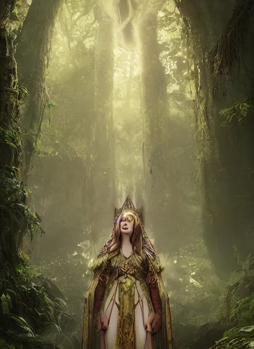 Prompt: Beautiful art portrait of a female fantasy priestess in a dark temple surrounded by lush forest, evening, atmospheric lighting, intricate detail, cgsociety, hyperrealistic, octane render, RPG portrait, ambient light, dynamic lighting