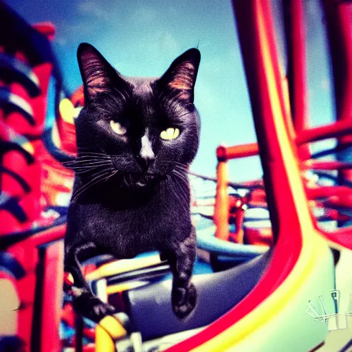 Image similar to black cat in a rollercoaster. the cat is enjoying the ride. sunlight. polaroid photo. saturated colors. selfie