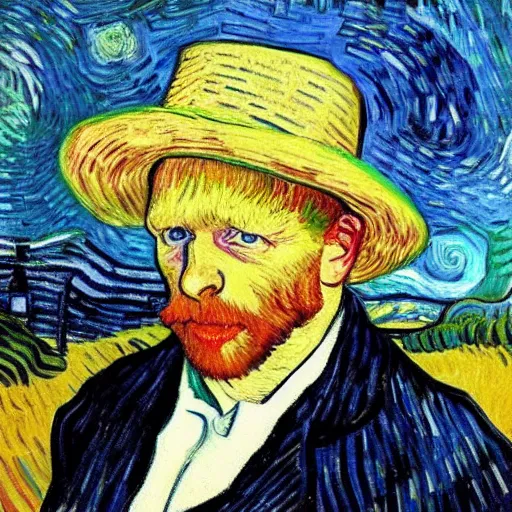 Image similar to a portrait of boris johnson earing a straw hat in a scenic environment by van gogh