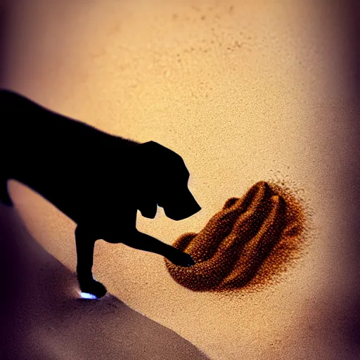 Image similar to dog eating sand, stylized, artstation, hd, cgsociety, cgi, digital illustrations and arts, realistic, dramatic, cinematic, artistic, famous, detailed