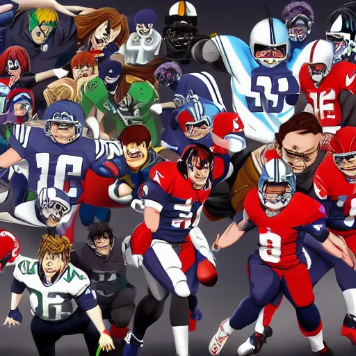 Prompt: nfl game, manga, anime, 2 d - animation, cel shaded, cel shading, madhouse studio, studio ghibli, unfotable studio