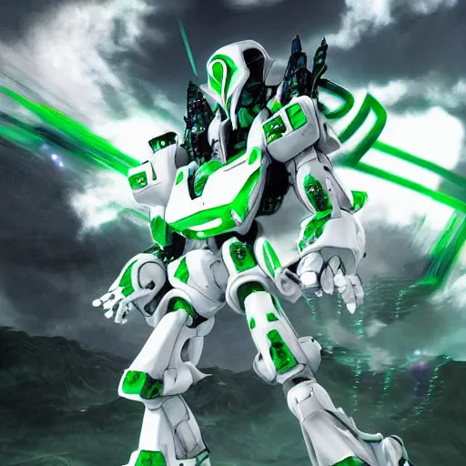 Image similar to saudi samurai mecha, green and white, full body mecha suit, epic urban battle, Murata Yasushi Nirasawa Style, beautiful aesthetic, photorealistic, volumetric lighting, hyperrealistic, octane render, HDR, Production IG Studios Anime Style