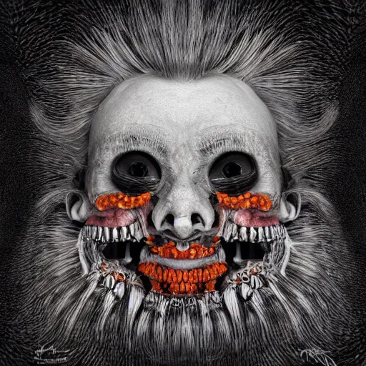 Image similar to album cover, teeth, abstract, black, white, orange, psychedelic, giuseppe arcimboldo