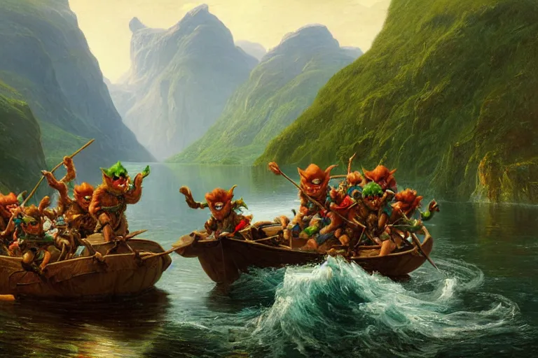 Image similar to a group of green goblins riding on a raft in a norwegian fjord by justin gerard by thomas cole