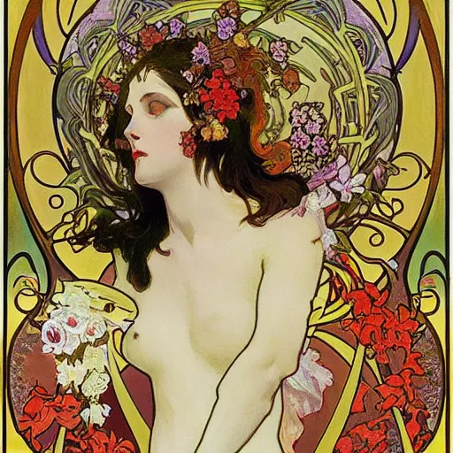 Image similar to persephone as goddess of death and flowers, evil, painted by alphonse mucha