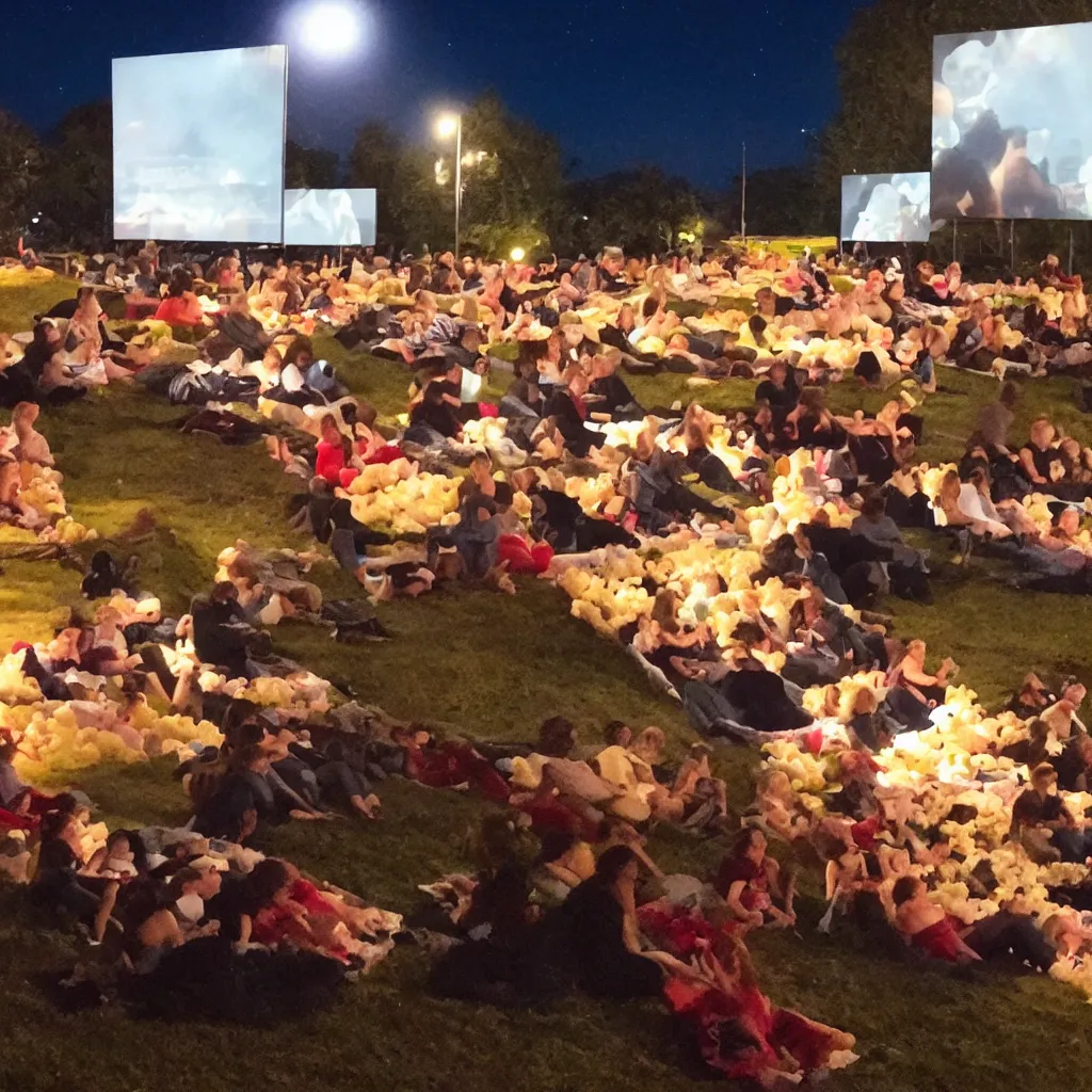 Image similar to outdoor cinema with giant popcorn at night